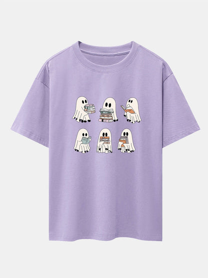 Ghost Reading Book Print Drop Shoulder Oversize T-Shirt