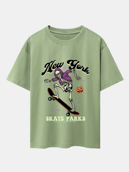 Halloween Skateboard Skeleton Print Drop Shoulder Oversize T-Shirt