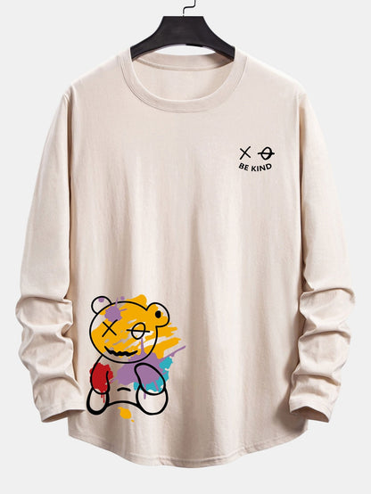 Long Sleeve Graffiti Bear Print Cotton Arc Hem T-Shirt