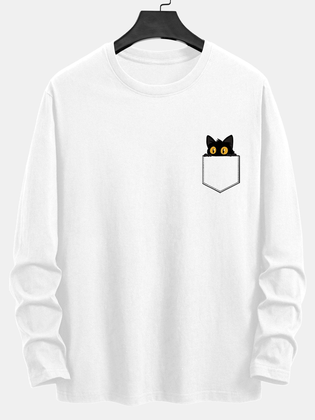 Long Sleeve Pocket Black Cat Print Cotton T-Shirt