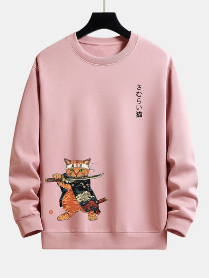 Samurai Warrior Cat Print Relax Fit Sweatshirt