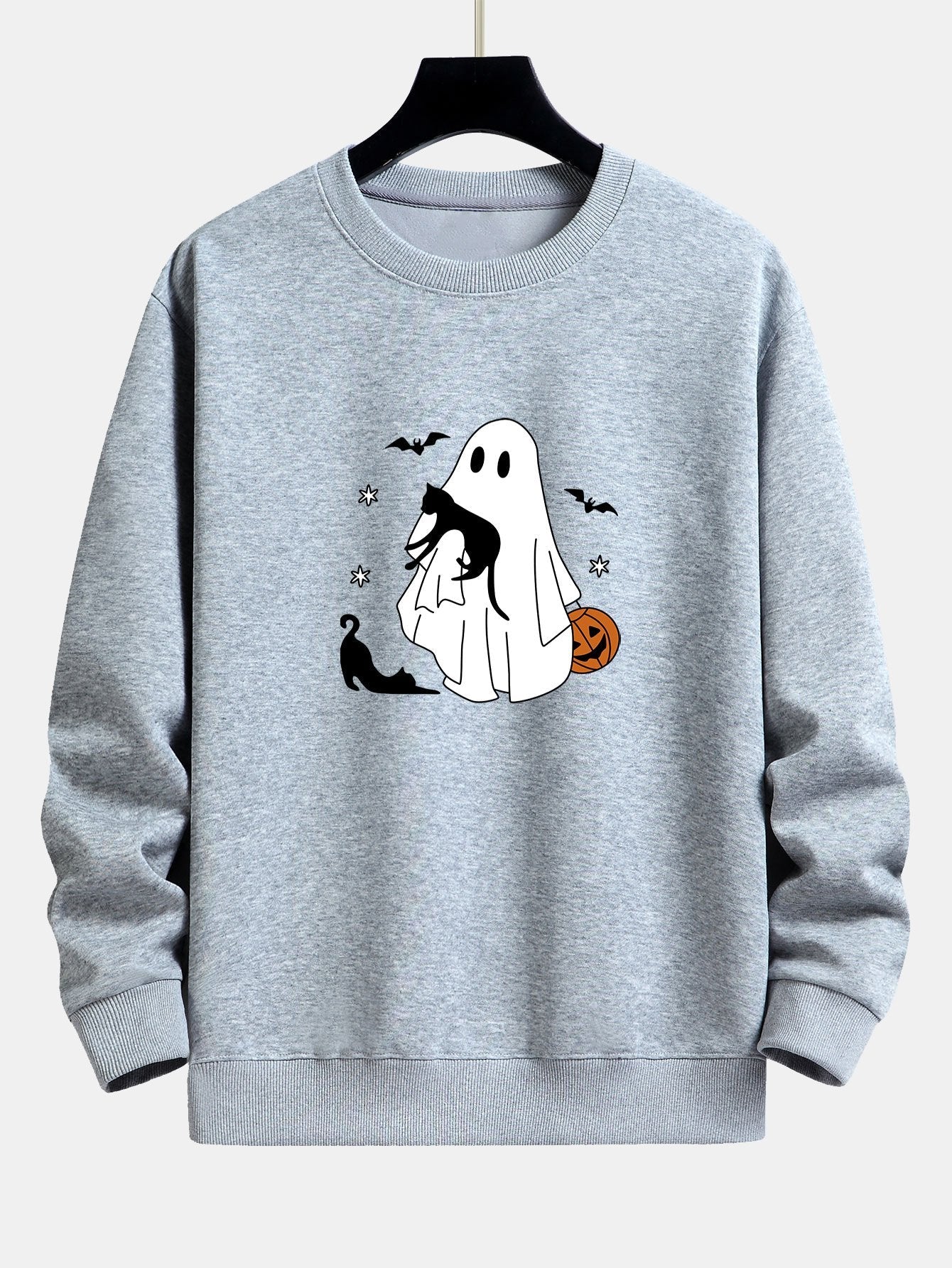 Halloween Ghost Black Cat Print Relax Fit Sweatshirt