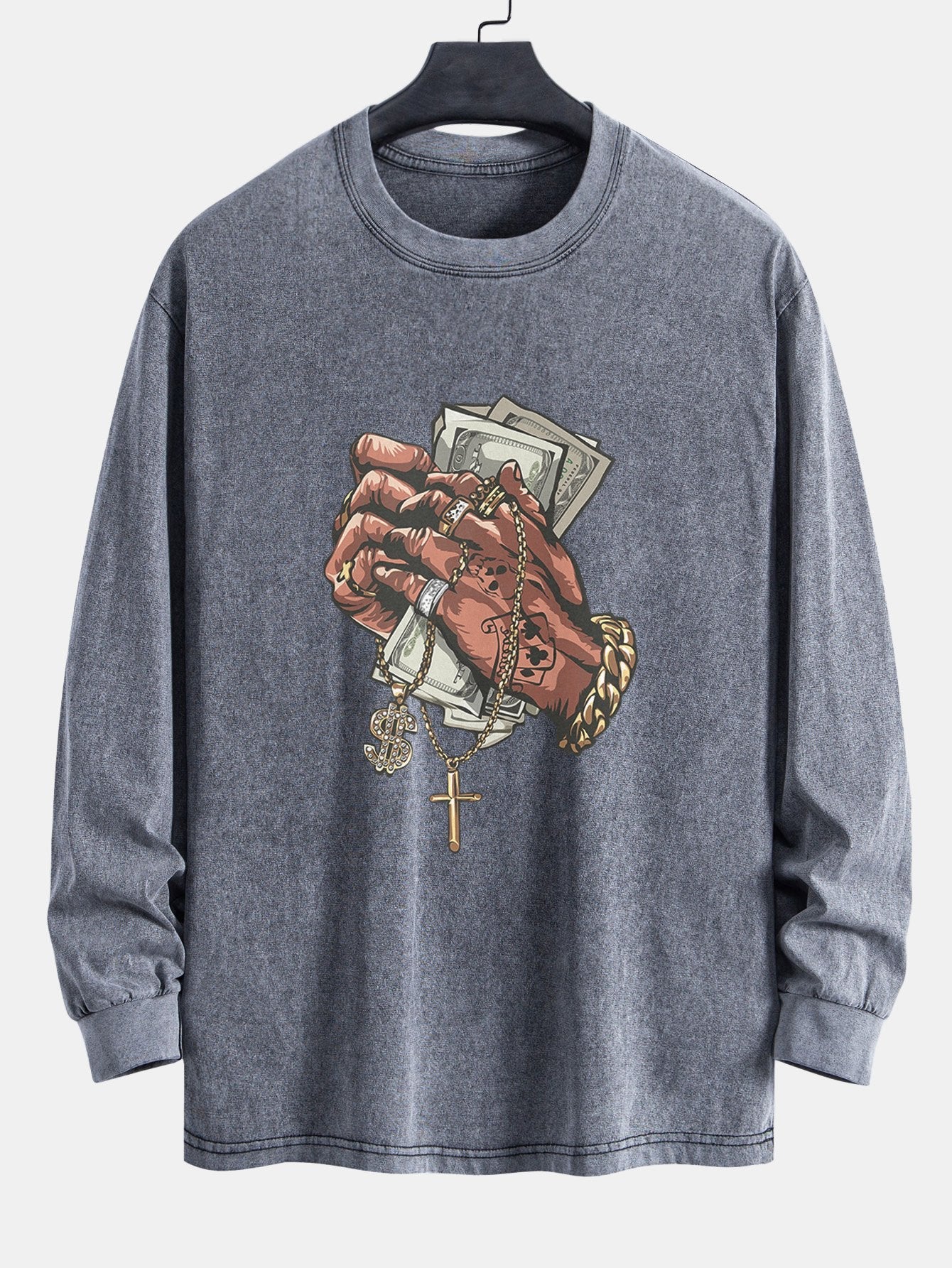 Hand Holding Cash Print Relax Fit Long Sleeve Washed Distressed T-Shirt