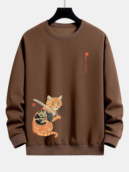 Samurai Warrior Cat Print Relax Fit Sweatshirt