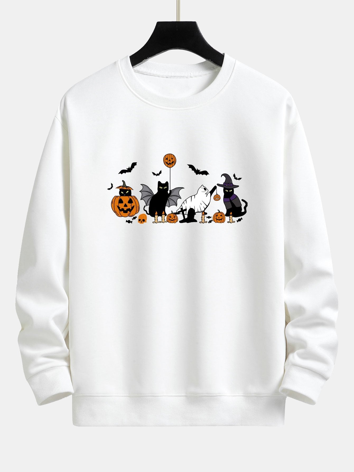 Halloween Pumpkin Black Cat Print Relax Fit Sweatshirt