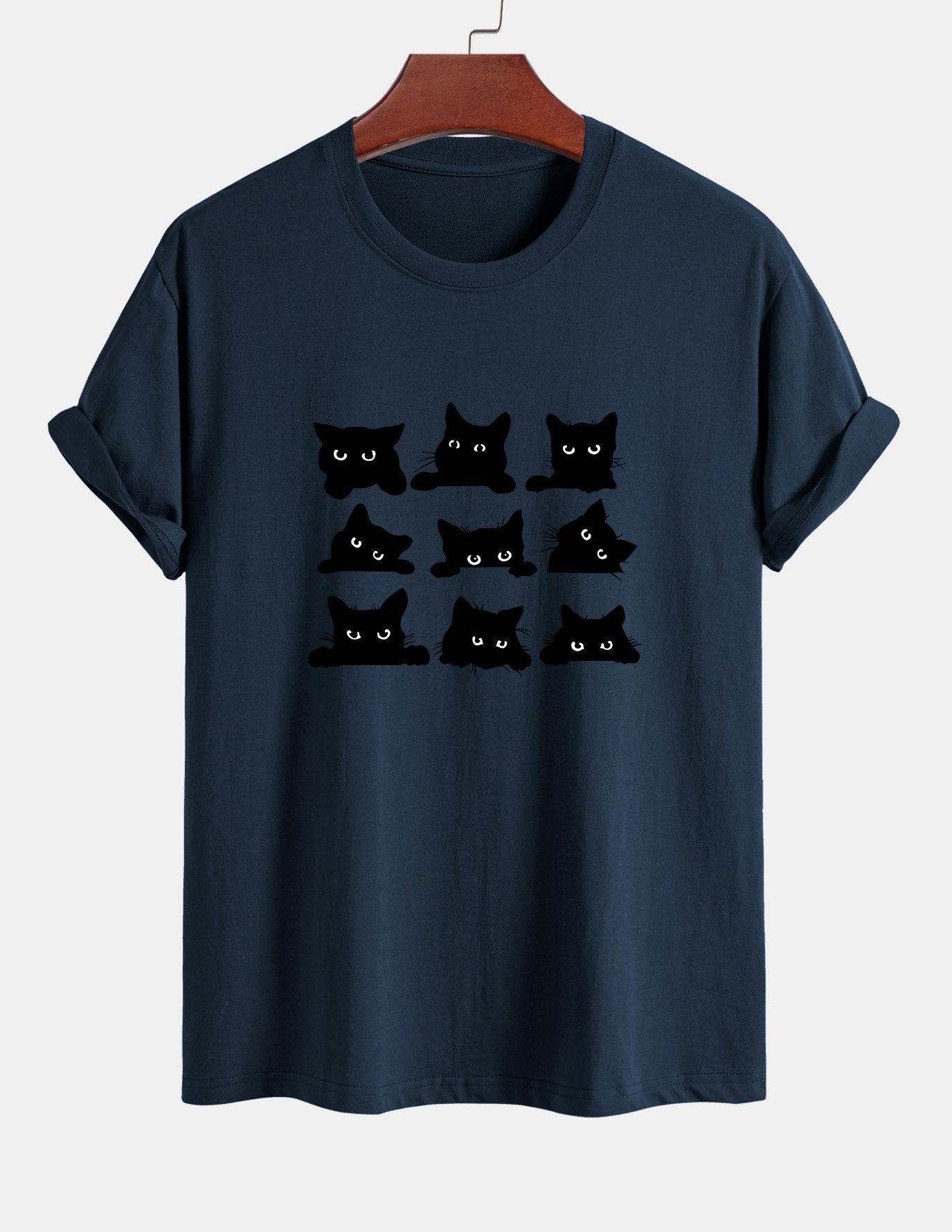 Regular Fit Black Cat Staring Print Cotton T-Shirt