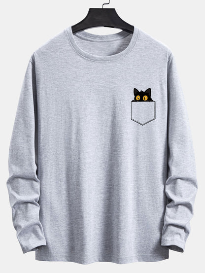 Long Sleeve Pocket Black Cat Print Cotton T-Shirt