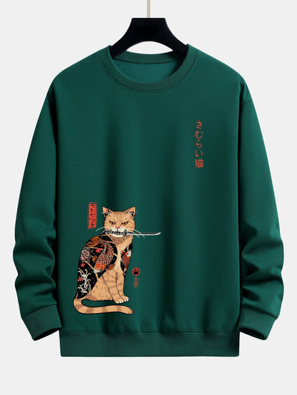 Japanese Samurai Cat Print Relax Fit Sweatshirt