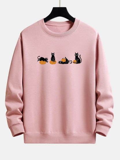 Halloween Pumpkin Black Cat Print Relax Fit Sweatshirt