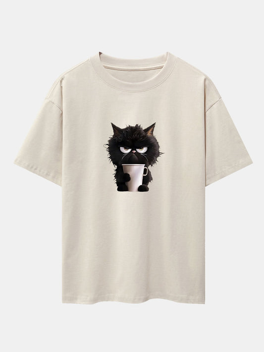 Black Cat Drinking Coffee Print Drop Shoulder Oversize T-Shirt