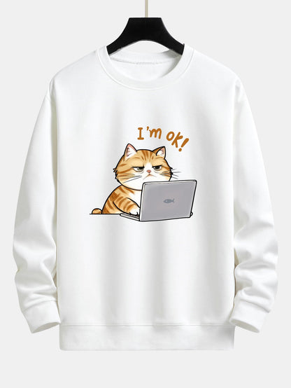 Tired Working Cat Print Relax Fit Sweatshirt