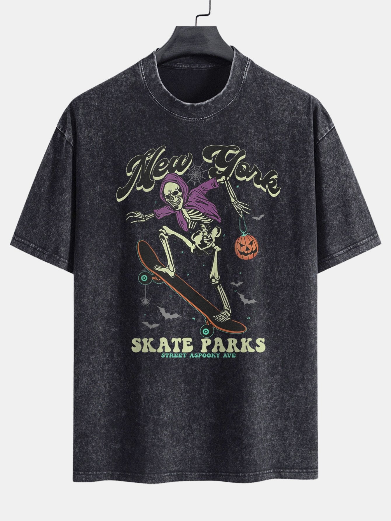 Halloween Skateboard Skeleton Print Washed Distressed Drop Shoulder T-Shirt