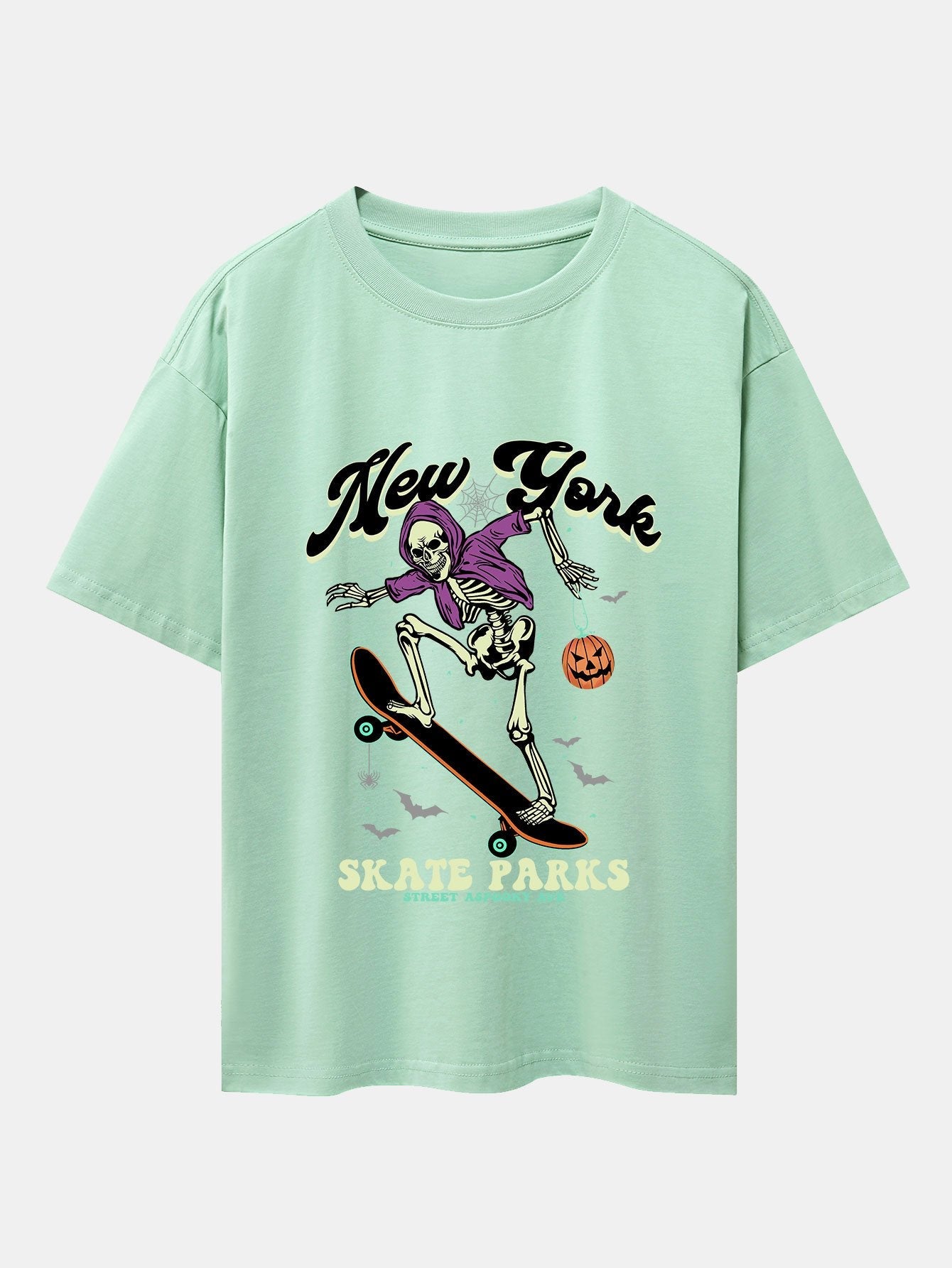 Halloween Skateboard Skeleton Print Drop Shoulder Oversize T-Shirt