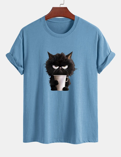 Regular Fit Black Cat Drinking Coffee Print Cotton T-Shirt