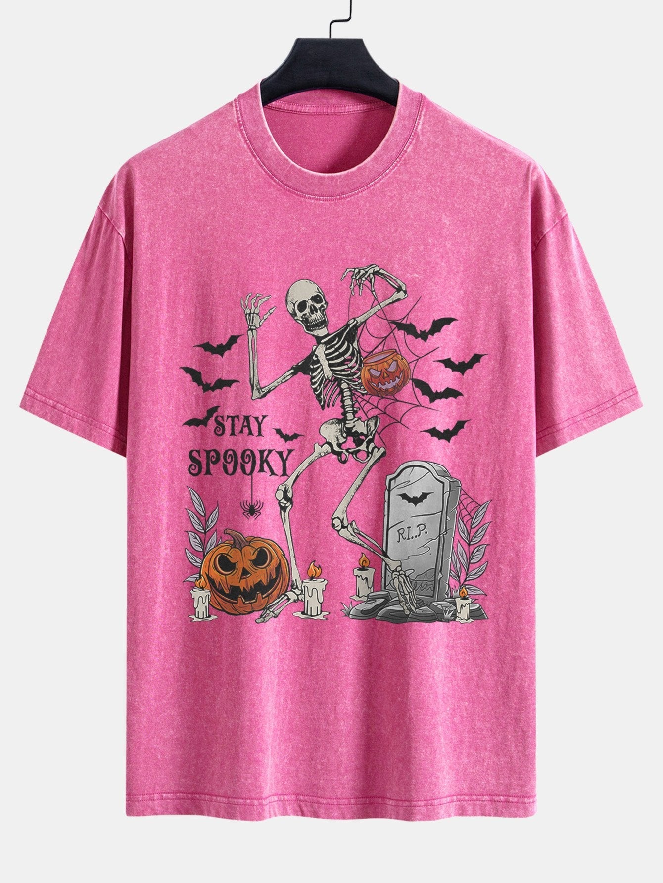 Halloween Skeleton Stay Spooky Print Washed Distressed Drop Shoulder T-Shirt