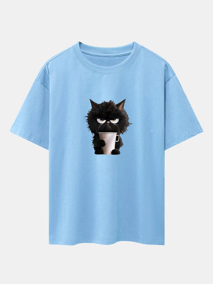 Black Cat Drinking Coffee Print Drop Shoulder Oversize T-Shirt