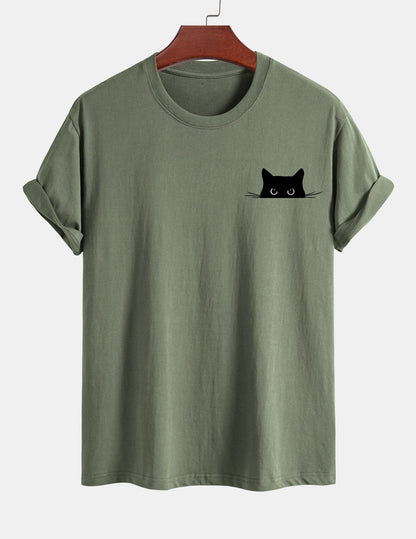 Regular Fit Black Cat Print Cotton T-Shirt