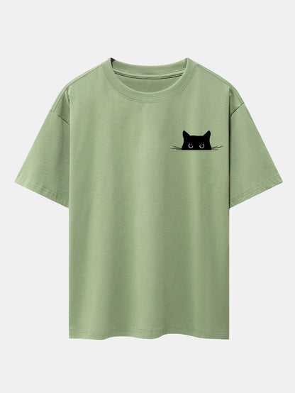 Black Cat Print Drop Shoulder Oversize T-Shirt