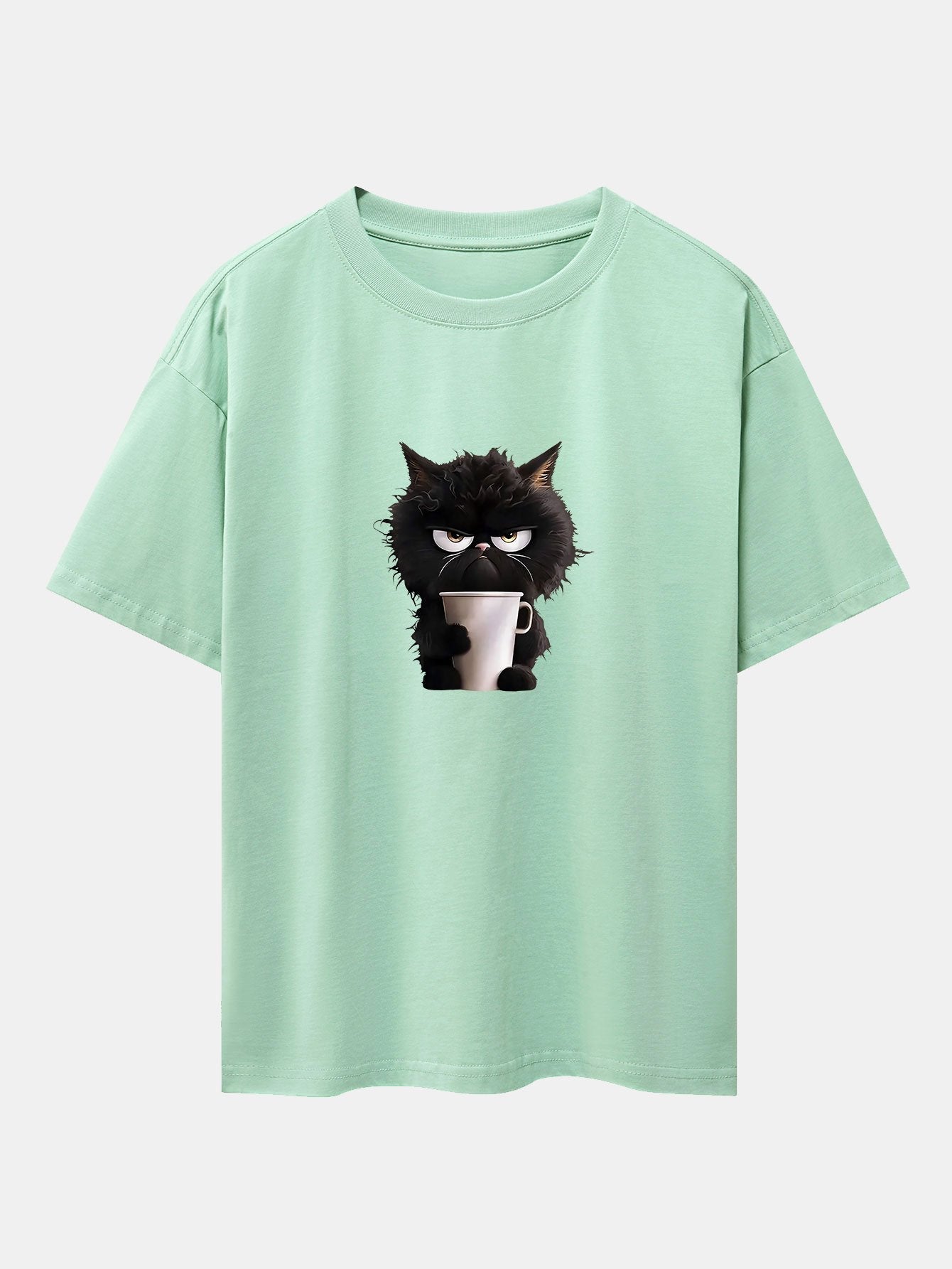 Black Cat Drinking Coffee Print Drop Shoulder Oversize T-Shirt