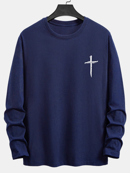 Long Sleeve Cross Print Cotton T-Shirt