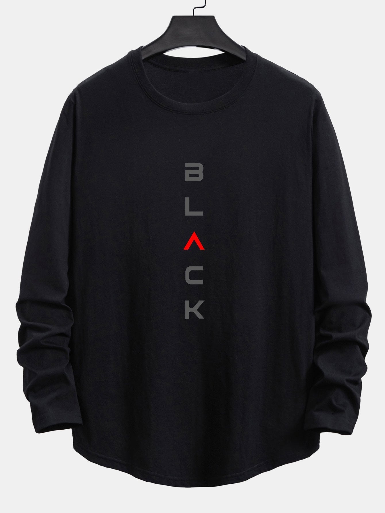 Long Sleeve Black Slogan Print Cotton Arc Hem T-Shirt