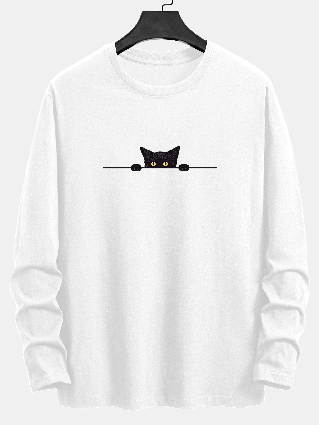 Long Sleeve Black Cat Print Cotton T-Shirt