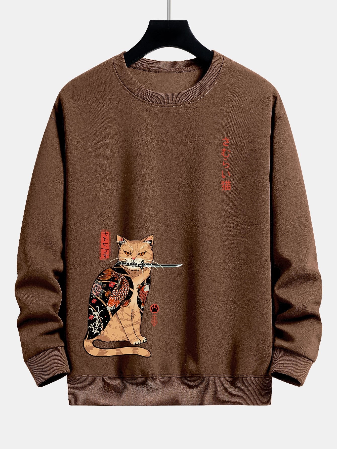 Japanese Samurai Cat Print Relax Fit Sweatshirt