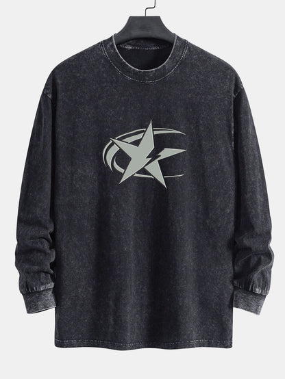 Star Print Relax Fit Long Sleeve Washed Distressed T-Shirt