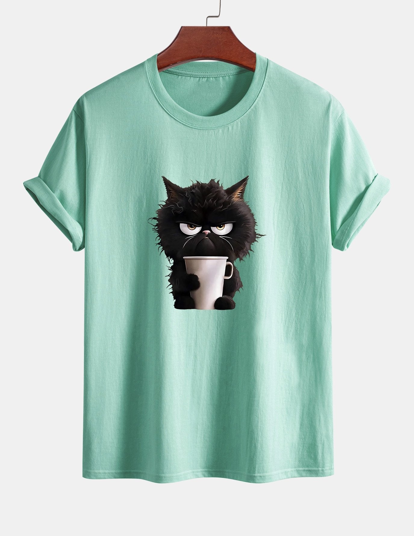 Regular Fit Black Cat Drinking Coffee Print Cotton T-Shirt