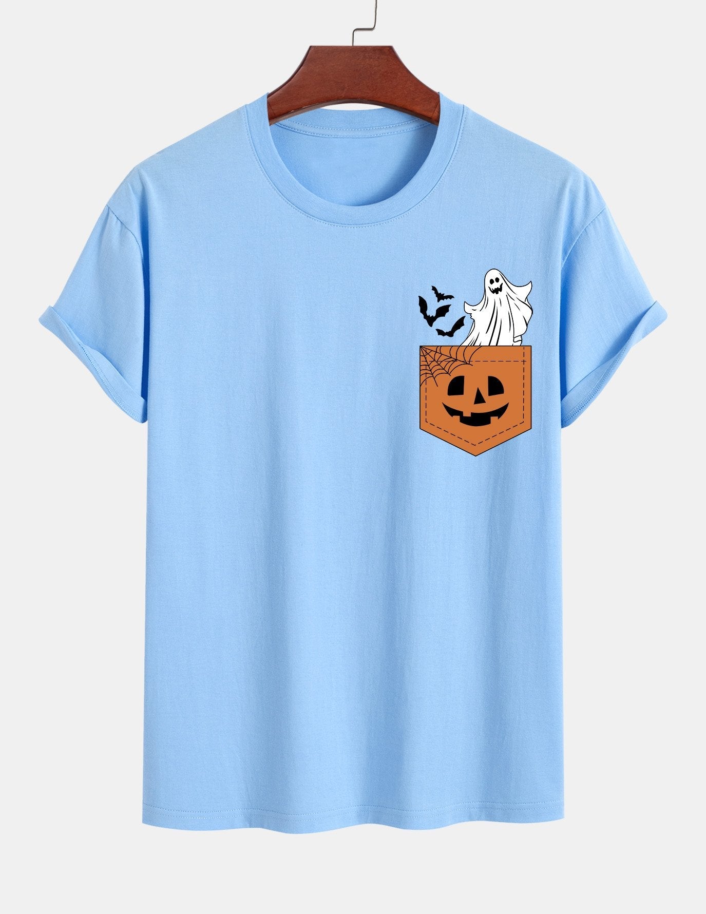 Regular Fit Pocket Pumpkin Ghost Print Cotton T-Shirt