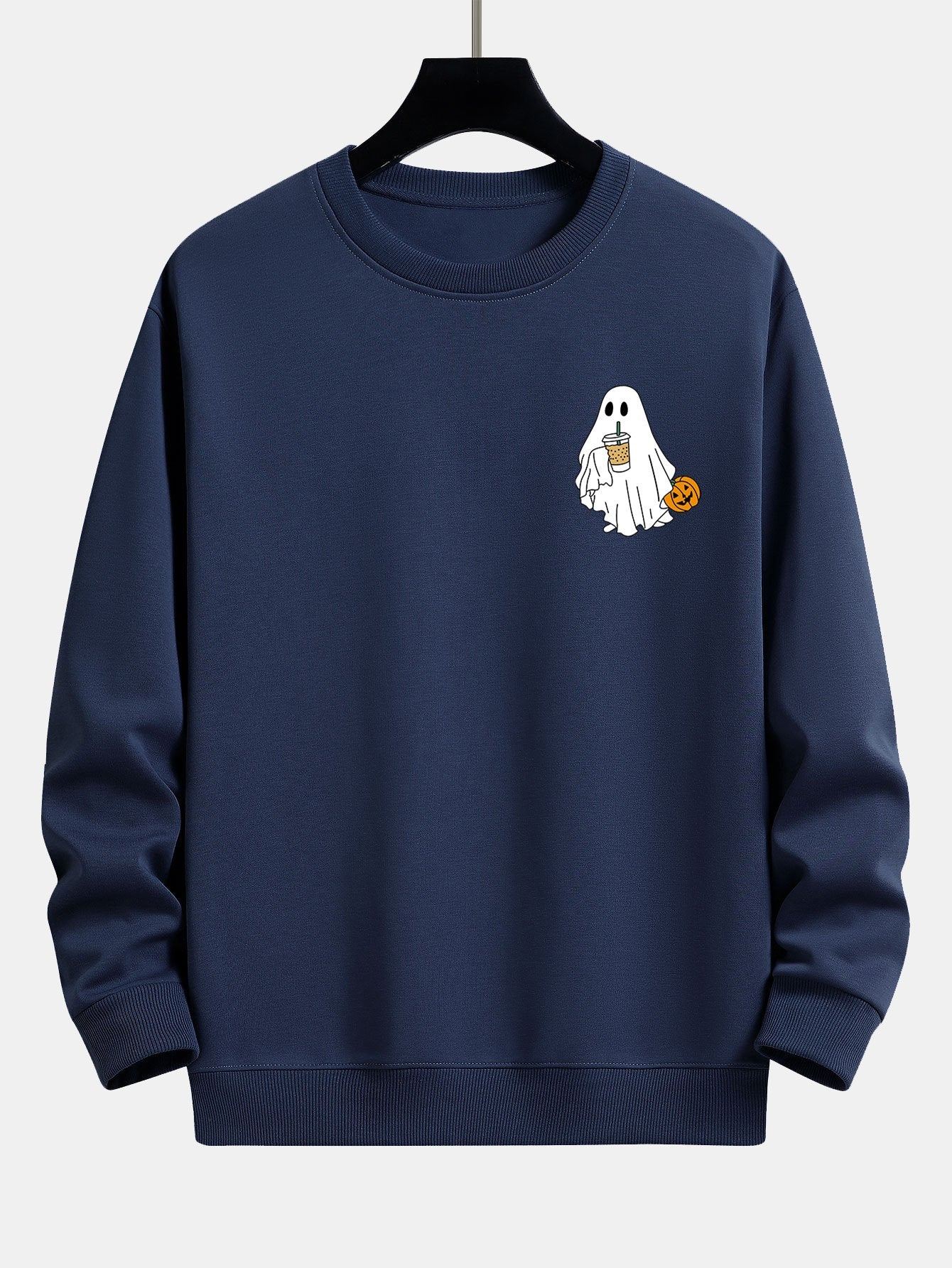 Pumpkin Ghost Drinking Milk Tea Print Relax Fit Sweatshirt