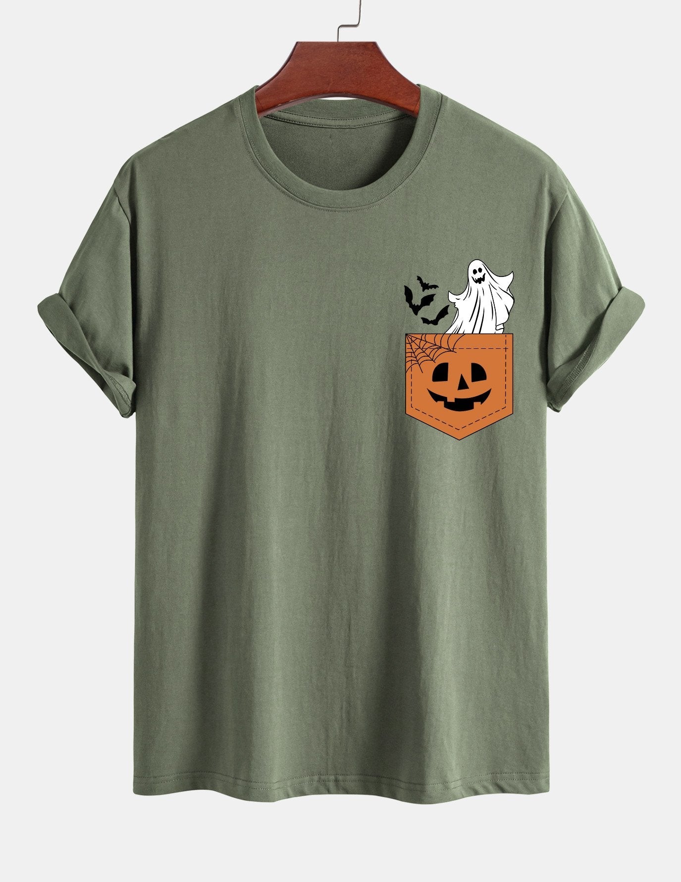 Regular Fit Pocket Pumpkin Ghost Print Cotton T-Shirt