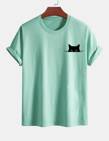 Regular Fit Black Cat Print Cotton T-Shirt