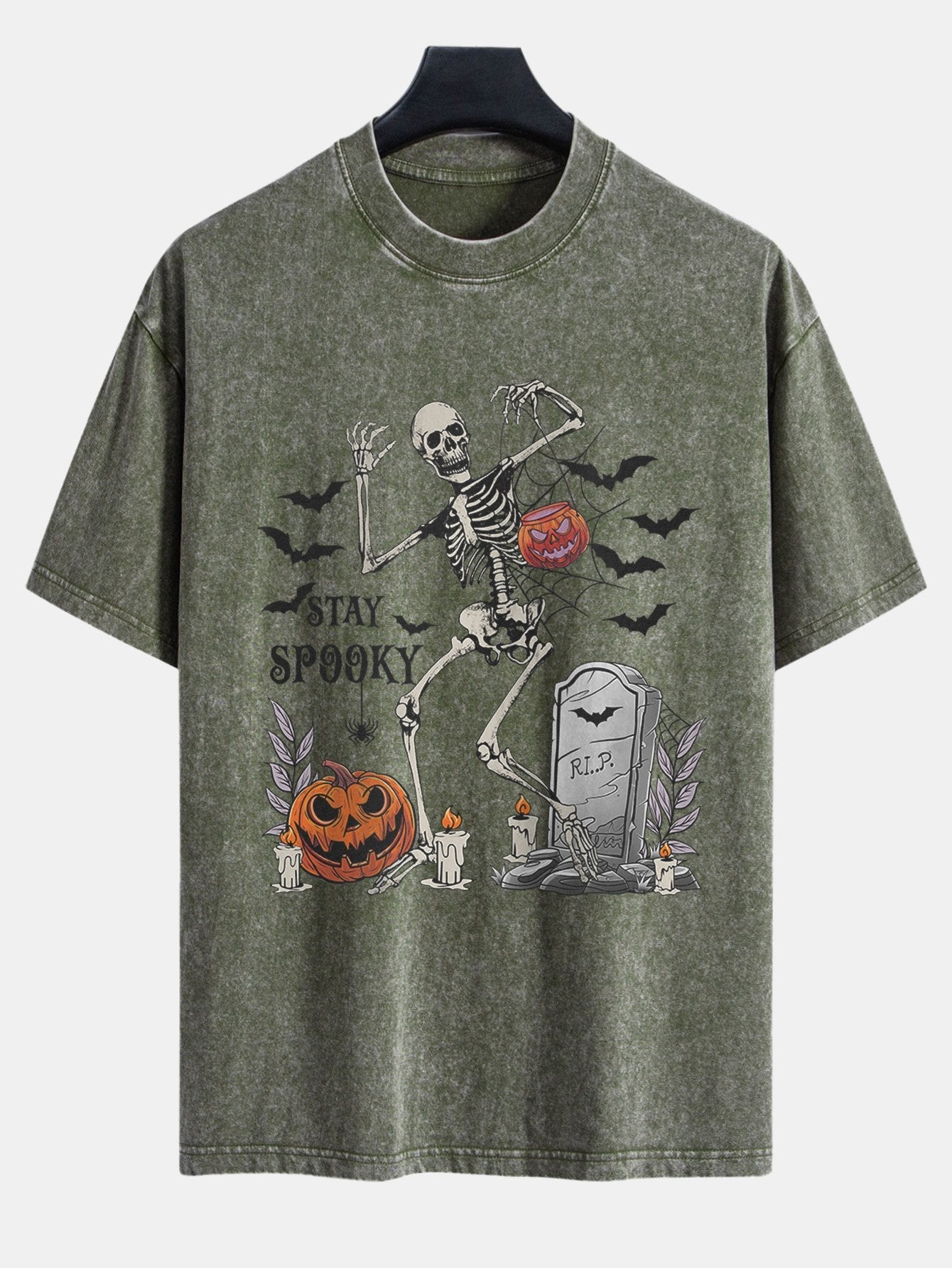 Halloween Skeleton Stay Spooky Print Washed Distressed Drop Shoulder T-Shirt