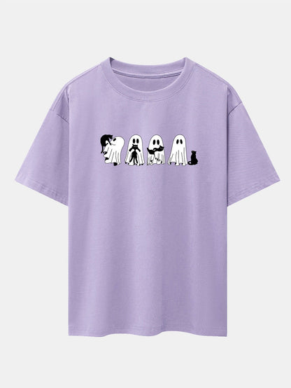 Black Cat Ghost Print Drop Shoulder Oversize T-Shirt