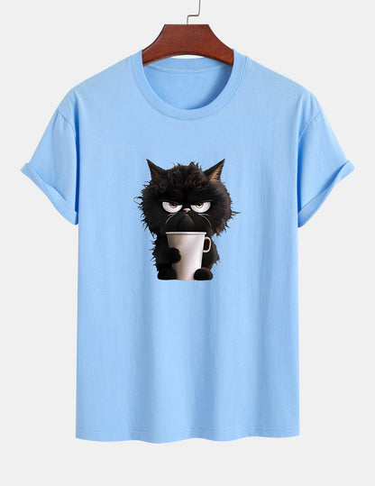 Regular Fit Black Cat Drinking Coffee Print Cotton T-Shirt