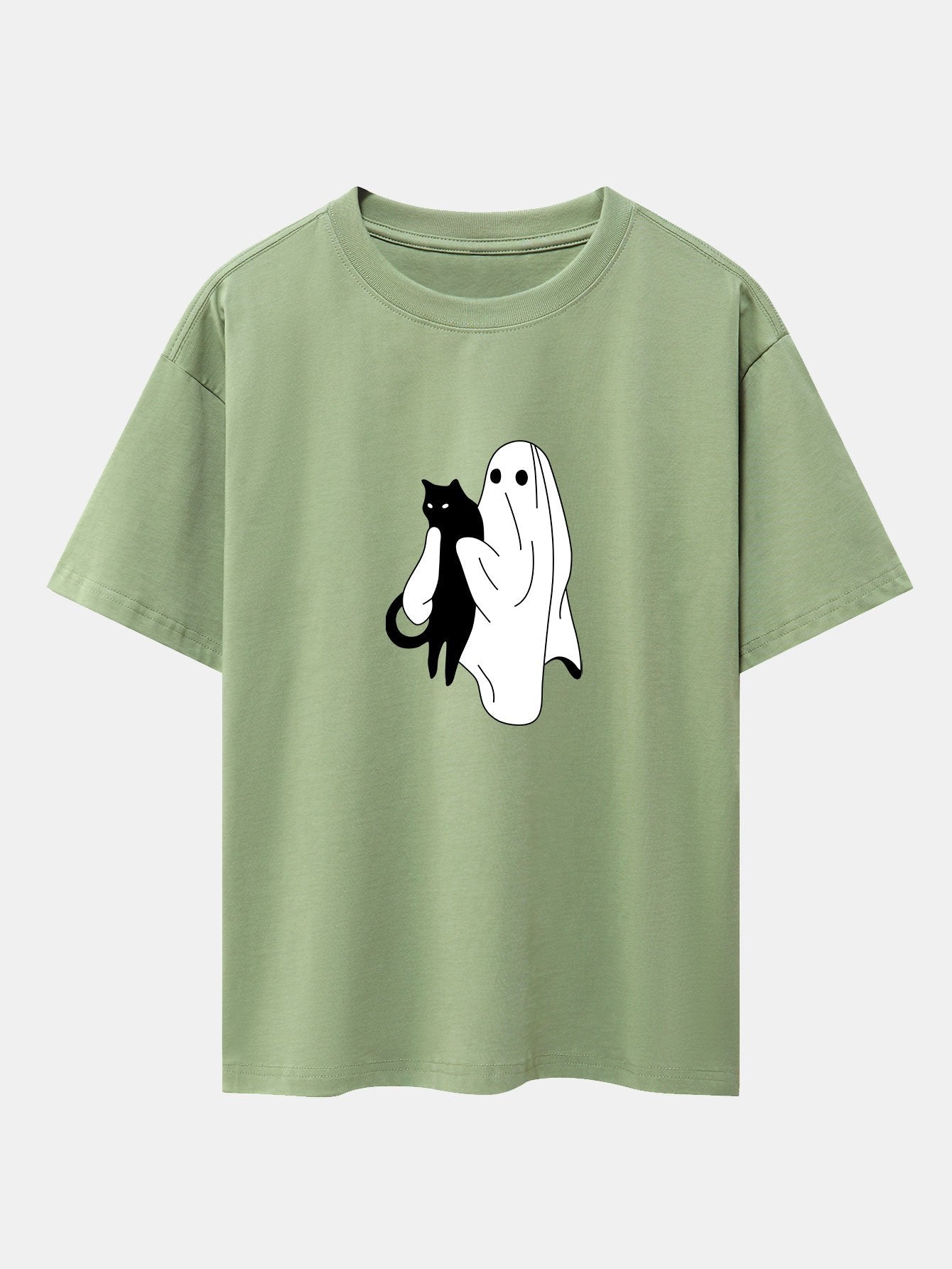 Ghost Black Cat Print Drop Shoulder Oversize T-Shirt