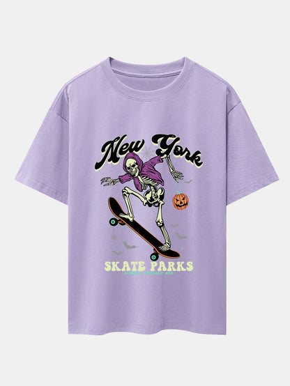 Halloween Skateboard Skeleton Print Drop Shoulder Oversize T-Shirt