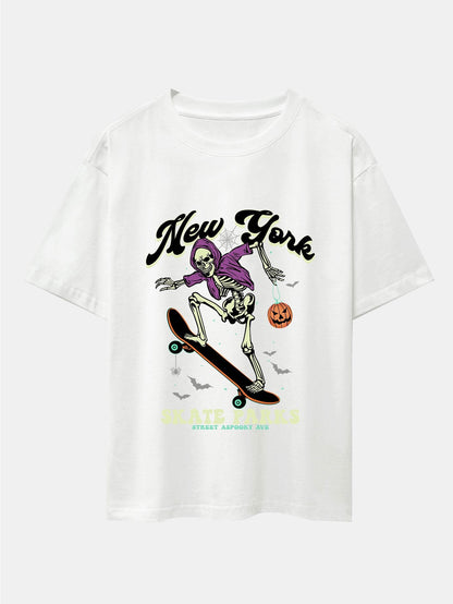 Halloween Skateboard Skeleton Print Drop Shoulder Oversize T-Shirt