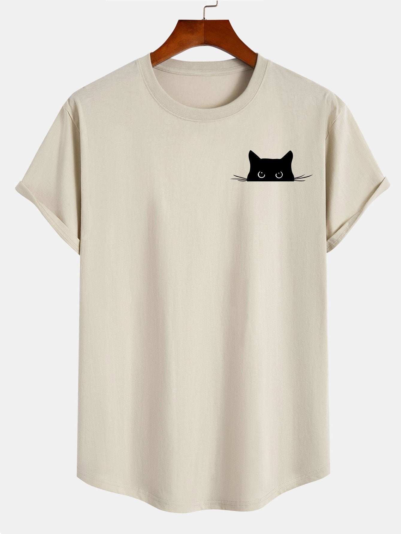 Black Cat Print Cotton Arc Hem T-Shirt