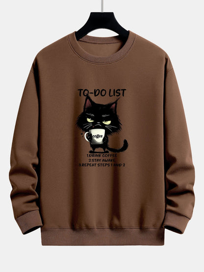 Cat Drinking Coffee Print Relax Fit Sweatshirt