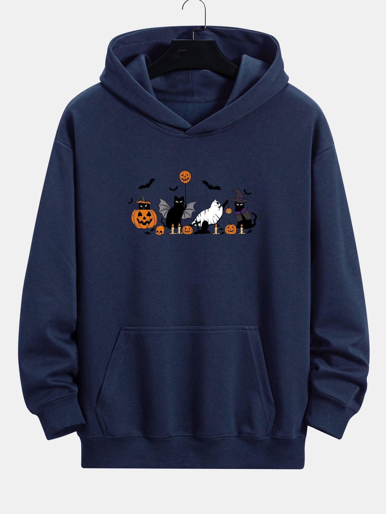 Halloween Pumpkin Black Cat Print Relax Fit Hoodie