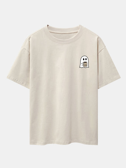 Ghost Drinking Coffee Print Drop Shoulder Oversize T-Shirt