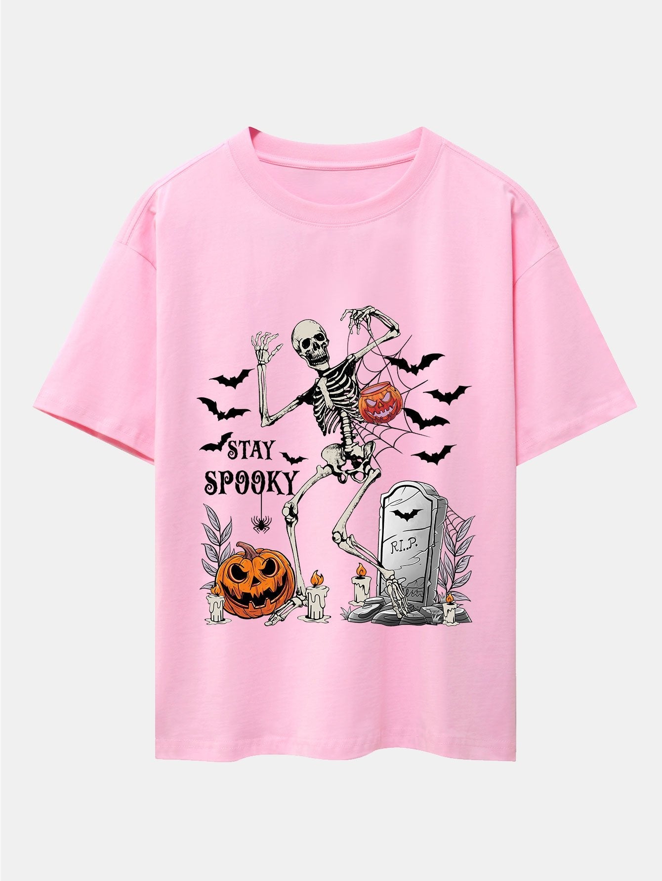 Halloween Skeleton Stay Spooky Print Drop Shoulder Oversize T-Shirt