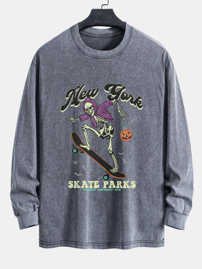 Halloween Skateboard Skeleton Print Relax Fit Long Sleeve Washed Distressed T-Shirt