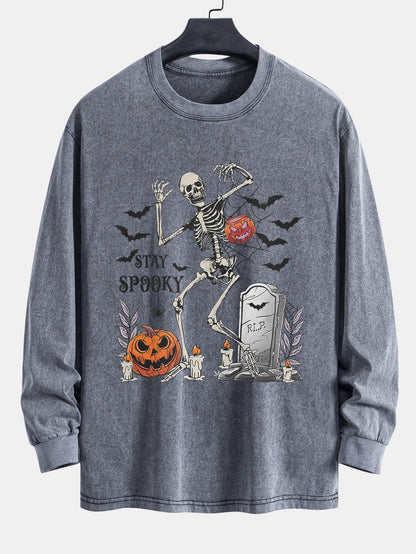 Halloween Skeleton Stay Spooky Print Relax Fit Long Sleeve Washed Distressed T-Shirt