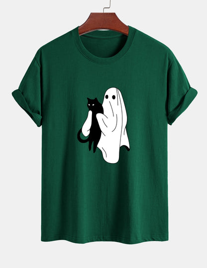 Regular Fit Ghost Black Cat Print Cotton T-Shirt