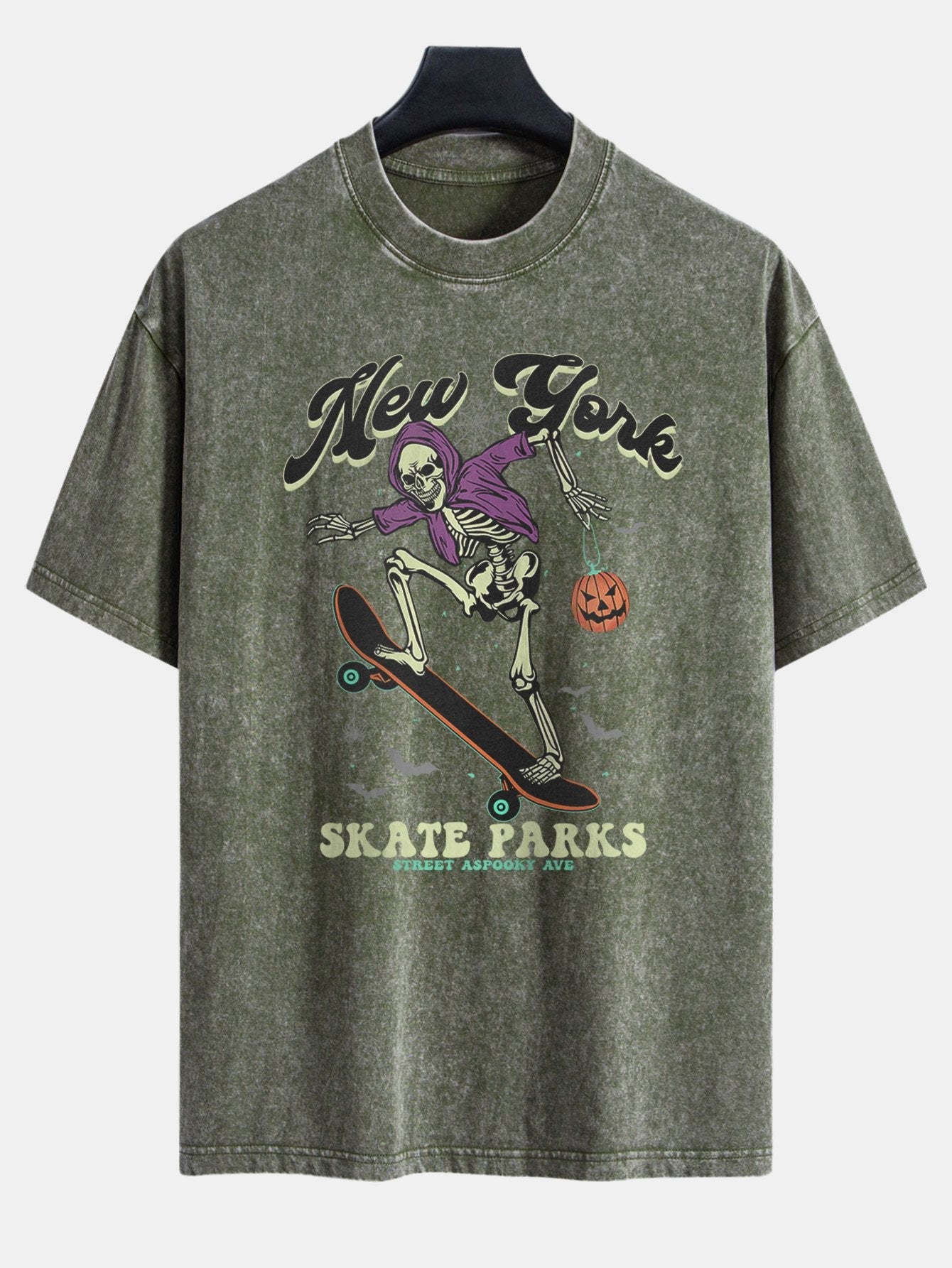 Halloween Skateboard Skeleton Print Washed Distressed Drop Shoulder T-Shirt