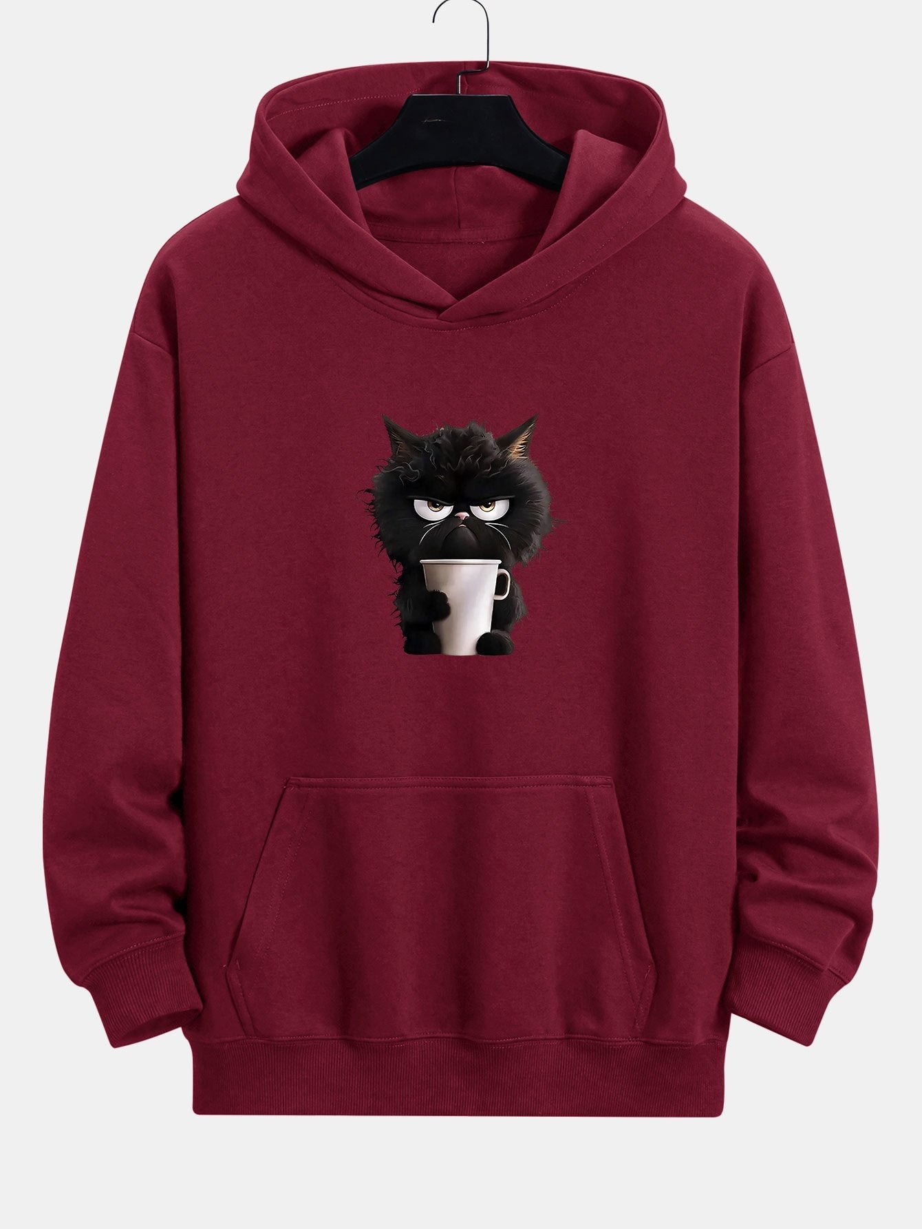 Black Cat Drinking Coffee Print Relax Fit Hoodie