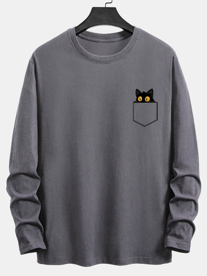 Long Sleeve Pocket Black Cat Print Cotton T-Shirt